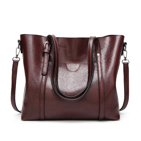 Vintage Oil Wax PU Leather Tote Bag Large Capacity Solid Color Multi Functional Shoulder Handbag For Women Work Travel