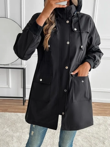 Dames Lange Windjack Met Capuchon Jas Polyester Trekkoord Taille Gestreepte Voering Casual Elegant Bovenkleding