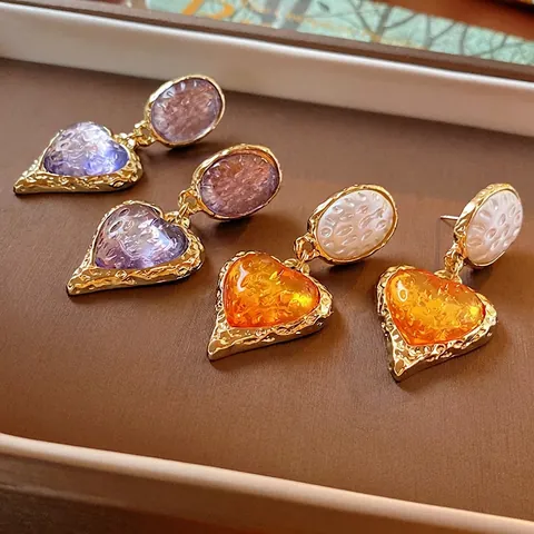 Vintage Heart Dangle Earrings Retro Wrinkled Copper Resin With 925 Sterling Silver Earring Post Elegant Jewelry For Women