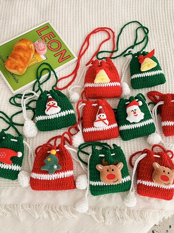 Handmade Crochet Mini Crossbody Bag Christmas Reindeer Santa Snowman Yarn Knitted Drawstring Pouch Festive Gift
