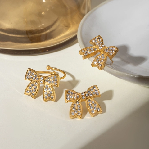 Vintage Stainless Steel Bow Rhinestone Stud Earrings And Open Ring For Women Gold Plated Bowknot Jewelry Collection