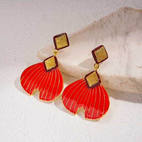 Vintage Fan Shape Drop Earrings Red Enamel Geometric Alloy With 925 Sterling Silver Earring Post Fashion For Women