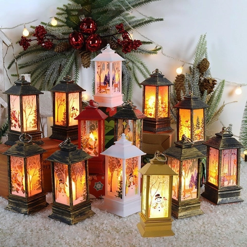 Christmas Lantern LED Night Light Retro Plastic Warm Glow Santa Snowman Reindeer Patterns Desktop Party Home Decor Gift