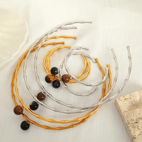 Conjunto de Joyas de Acero Inoxidable Minimalista Bambú Gargantilla Pulsera Oro Plata Galvanizado Ojo de Tigre Ónix Negro para Mujer