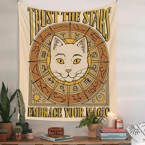 Cat Tarot Tapestry Polyester Mystical Astrology Wall Hanging For Bedroom Living Room Home Decor Retro Aesthetic Design