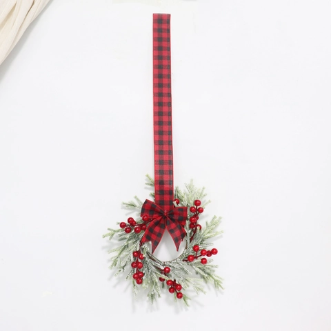 Christmas Wreath Frosted Artificial Pine Needles Red Berries Bow Cabinet Door Wall Hanging Rustic Holiday Decor