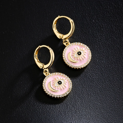 Boze Oog Maan Ronde Hanger Hoop Oorbellen Verguld Koper Emaille Zirkoon Celestiale Mystieke Sieraden Voor Vrouwen