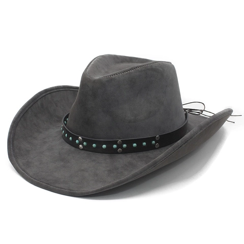 Western Cowboy Hat PU Suede Wide Brim Ethnic Turquoise Bead Leather Band Sun Protection Retro For Outdoor Men Women