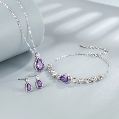 Mermaid Tears 925 Sterling Silver Jewelry Set For Women Waterdrop Rhinestone Necklace Earrings Bracelet Fashion Accessory