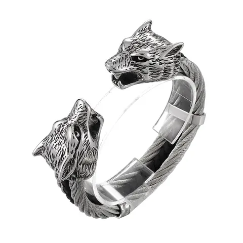 Wolf Head Cuff Bangle Stainless Steel Braided Cable Wire Punk Viking Style Men Vintage Animal Jewelry