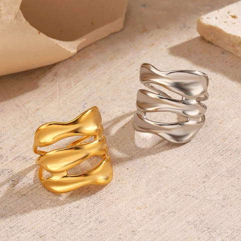 Irregular Wave Multi Layer Ring Stainless Steel Minimalist Hip Hop Retro Geometric Wide Band Jewelry For Women