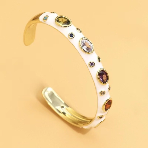Western Luxurious Copper Inlaid Colorful Zirconia Open Bangle Enamel Dripping Oil Bracelet Fashion Jewelry For Women