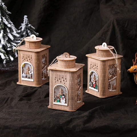 Weihnachts Holzlaterne Led Licht Lasergeschnitten Hohl Zum Aufhängen Desktop Ornament Weihnachtsmann Schneemann Rentier Muster Festliche Dekor