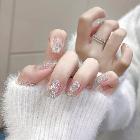 Uñas Postizas A Presión Laser Brillo Polvo De Espejo Brillante Aurora Rosa Cortas Cuadradas Redondas Para Mujeres