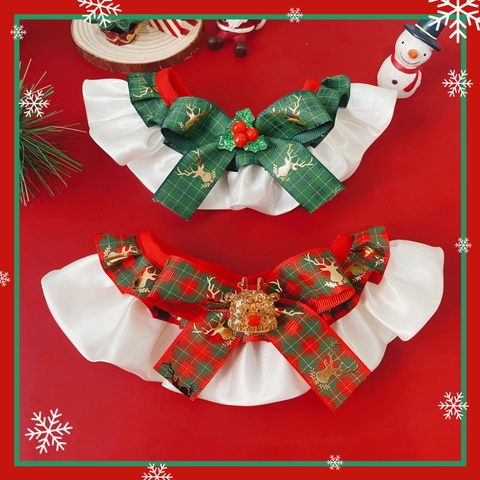 Christmas Pet Scarf Collar Polyester Satin Ruffle Bowknot Neckwear For Cats Small Dogs Festive Santa Snowman Reindeer