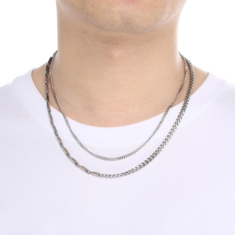 Layered Necklace Stainless Steel Double Layer Cuban Chain Geometric Bar INS Style Minimalist Jewelry For Men Women