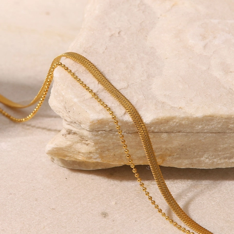 French Minimalist Stainless Steel Double Layer Anklet 18K Gold Plated Snake Bone Chain Bead Chain Fashion Foot Jewelry For Women