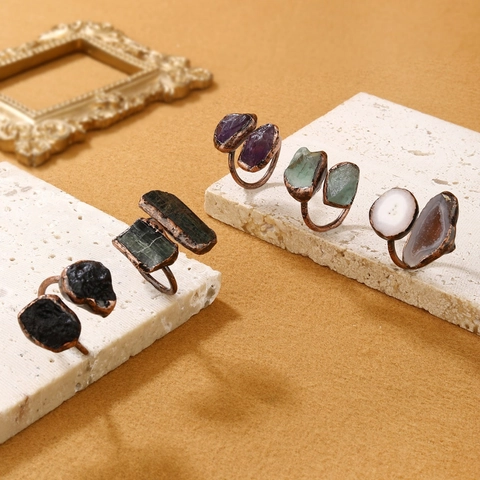 Vintage Natural Stone Adjustable Double Head Ring For Women Copper Amethyst Tourmaline Obsidian Fluorite Raw Gemstone Ring