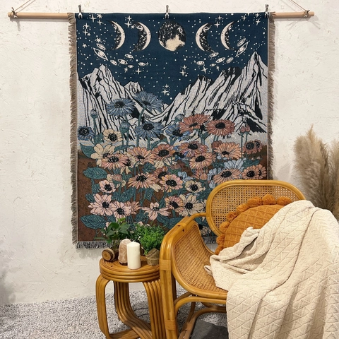 Coperta Intrecciata Bohémien Cotone Nappe Motivo Notte Stellata Girasole Per Divano Camping Picnic Reversibile Decorativo