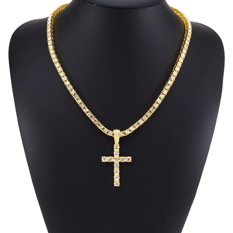 Iced Out Cross Pendant Necklace Alloy Rhinestone Hip Hop Tennis Chain Luxury Jewelry For Men Women