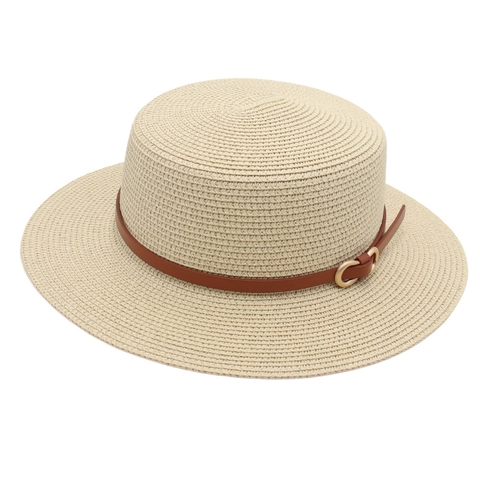 Women Boater Hat Woven Straw Wide Brim Sun Protection Summer Beach Vacation Elegant Flat Top PU Leather Belt Buckle
