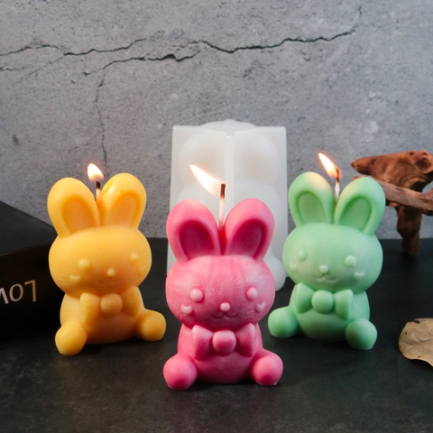Rabbit Silicone Mold Cute Easter Bunny With Bow Tie 3D Animal Shape For Handmade Candle Fondant Soap DIY Crafting