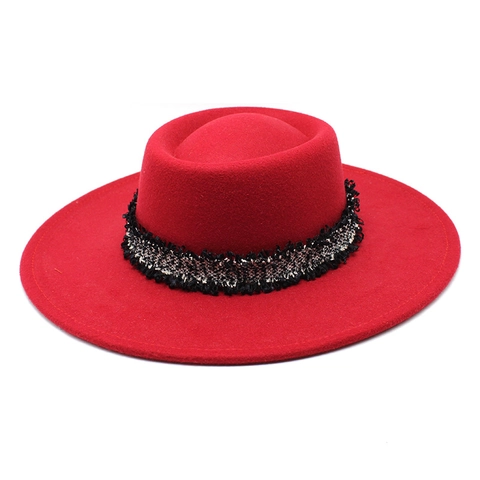 Wide Brim Wool Felt Boater Hat For Women And Men Solid Color Fedora With Tweed Ribbon Fringe Vintage Flat Top Jazz Cap