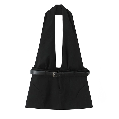 Women Halter Neck Top Polyester Slim Fit Solid Black Crop Top With Faux Leather Belt Metal Buckle Fashionable Streetwear
