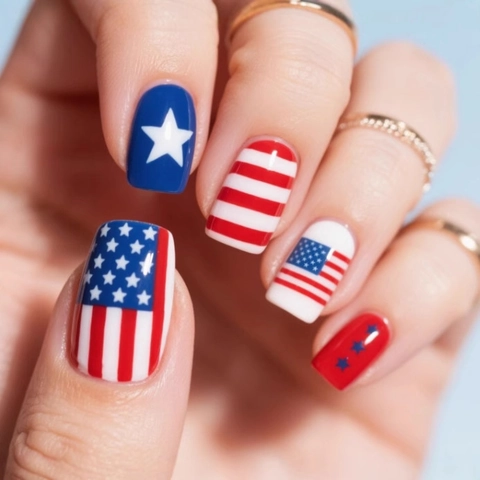 USA Flagge Kunstnägel Glänzend Sterne Streifen Rot Weiß Blau Künstliche Nägel Für Damen Feiertag Party Trendig