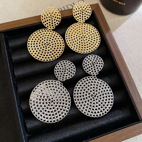 Hohl Runde Doppel Disc Hängende Ohrringe Mit 925 Sterling Silber Ohrstecker Legierung Gewebtes Netz Retro Palast Stil Damen