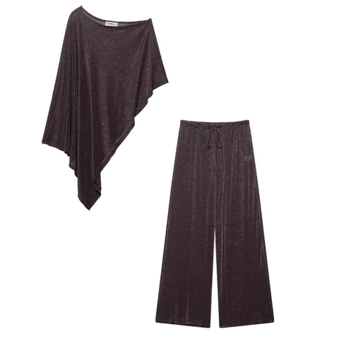 Damen Metallischer Glitzer Outfits Asymmetrisches Poncho Top Und Weite Hose Schick Elegant Streetwear