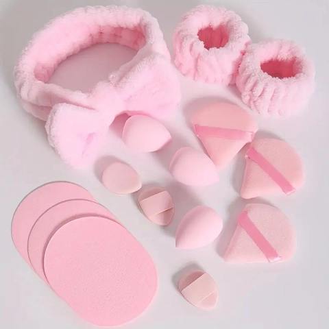 Makeup Tools Sponge Powder Puff With Coral Fleece Bow Headband And Wristbands For Face Washing Skin Care Soft Pink
