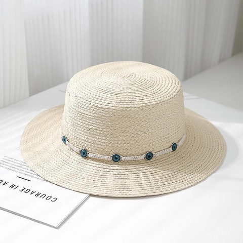 Boater Straw Hat For Women With Evil Eye Beads Braided Rope Flat Top Summer Sun Beach Vacation Elegant Retro