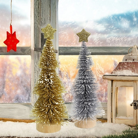 Mini Artificial Christmas Tree Snow Flocked Pine Needle Tower Tree Glitter Gold Star Topper Wood Base Desktop Xmas Decor