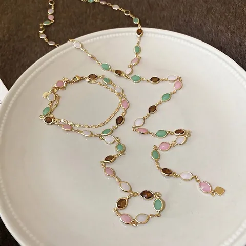 Alloy Resin Jewelry Multi-Color Long Y Necklace And Finger Ring Bracelet For Women Elegant Bohemian Style