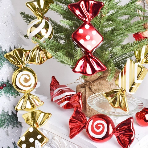 Christmas Tree Hanging Ornaments Electroplated Plastic Candy Shapes Holiday Party Decor Vibrant Red Gold Metallic Finish