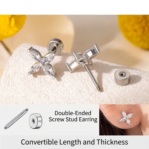 Titanium Steel Flower Cartilage Stud Earrings Marquise Cubic Zirconia Screw Back Piercing Jewelry For Women