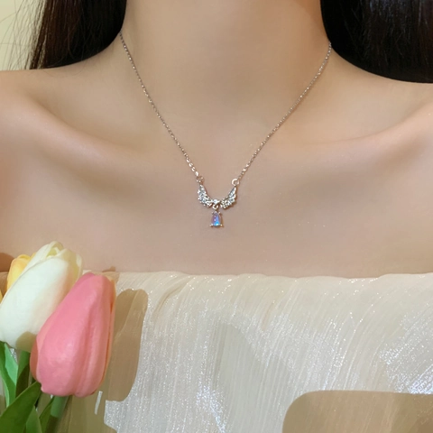Light Luxury Titanium Steel Angel Wing Necklace For Women Micro Pave Zirconia Water Drop Moonstone Teardrop Pendant Clavicle Chain Jewelry Gift