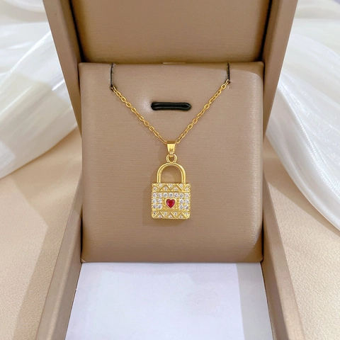 Heart Lock Pendant Necklace Stainless Steel Chain Copper Micro Inlaid Zircon Red Heart Gemstone Elegant Jewelry For Women
