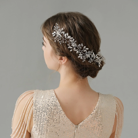 Handgefertigter Silberner Brauthaarkamm Glas Strass Blatt Hochzeit Kopfschmuck Gewebter Blumen Haarrebe Für Damen Formelle Accessoires