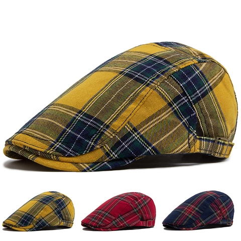 Retro Plaid Cotton Flat Cap Breathable Adjustable British Style Beret Hat Vintage Newsboy Cap For Men And Women