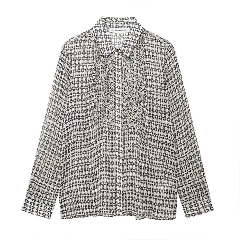Elegante Camicetta In Chiffon Con Stampa Geometrica Da Donna Stile Francese A Maniche Lunghe Con Volant Colletto A Revers Top Da Ufficio