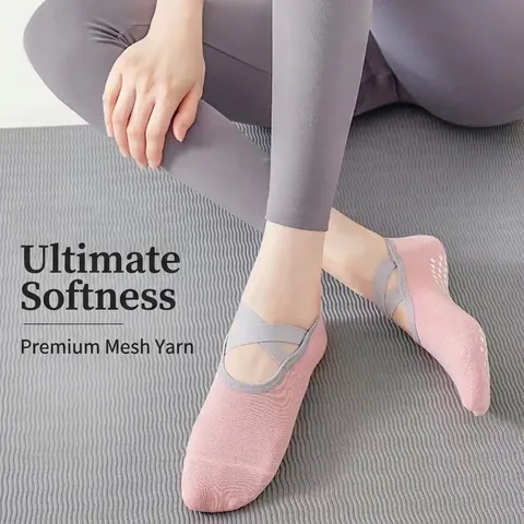 Non-Slip Yoga Socks Combed Cotton Silicone Grips Cross Elastic Straps Pilates Dance Fitness Sports Floor Socks For Women