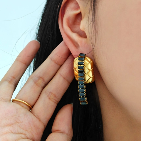 Vintage Gesteppte Gold Edelstahl Hängeohrringe Für Damen Rechteck Schwarz Lila Zirkonia Pavé Reihe Ohrringe Modeschmuck