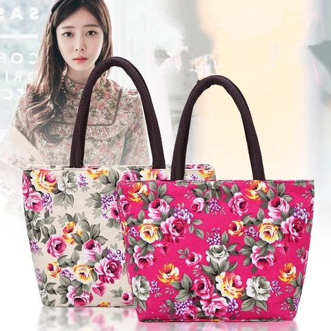 Damen Handtasche Mit Blumenmuster Canvas Nylon Tote Bag Mit Gewebten Griffen Reißverschluss Casual Shopping Tragbar