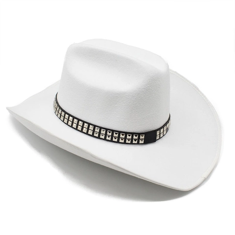 Western Cowboy Hat Wool Felt Wide Brim Rivet Studded Leather Band Vintage Outdoor Unisex Fedora Style