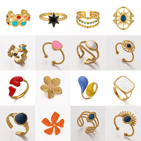 Fashionable Adjustable Open Rings Colorful Enamel Gold Plated Stainless Steel Vintage Boho Jewelry For Women Gift