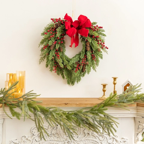 Heart Shaped Christmas Wreath With Red Berries Pine Cones Large Bow Artificial Greenery Door Hanging Festival Decor