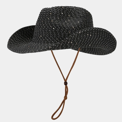 Straw Cowboy Hat Western Wide Brim Sequin Sun Protection Foldable Windproof Strap Fashion Women Summer