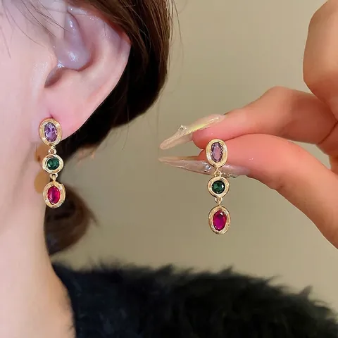 Multicolor Zirkon Hängeohrringe 925 Sterling Silber Ohrstecker Dreistufiger Ovaler Edelstein Eleganter Modeschmuck Für Damen